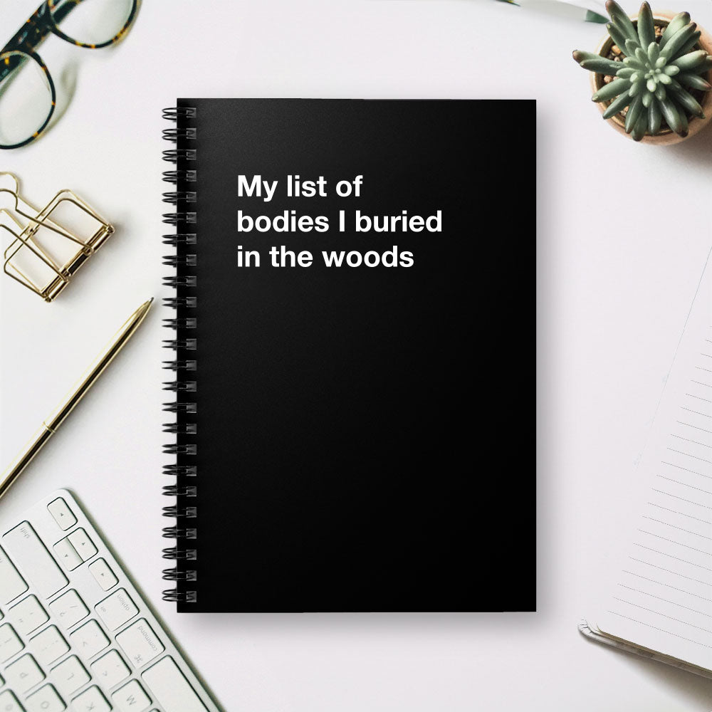 
                  
                    My list of bodies I buried in the woods - Spiral Notebook - Ruled Line
                  
                