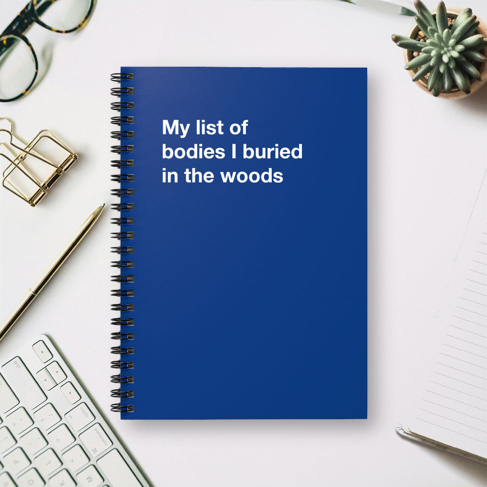 
                  
                    My list of bodies I buried in the woods - Spiral Notebook - Ruled Line
                  
                