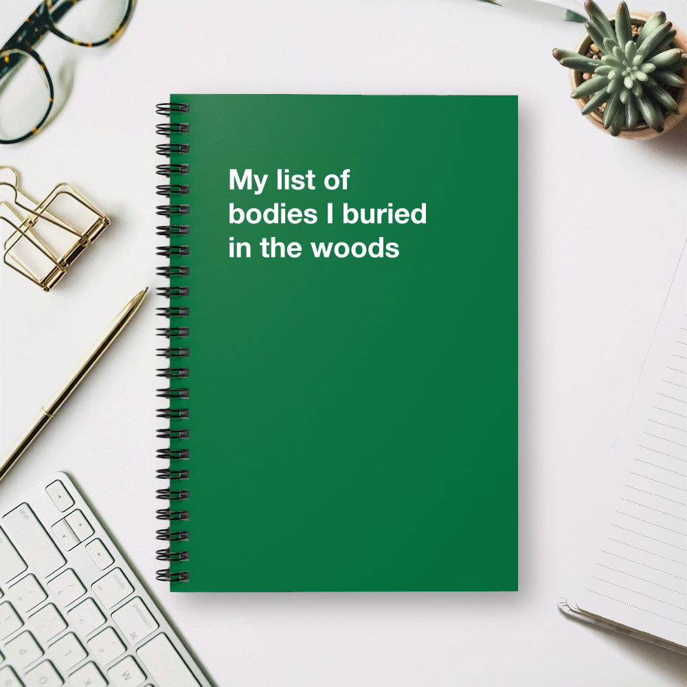 
                  
                    My list of bodies I buried in the woods - Spiral Notebook - Ruled Line
                  
                