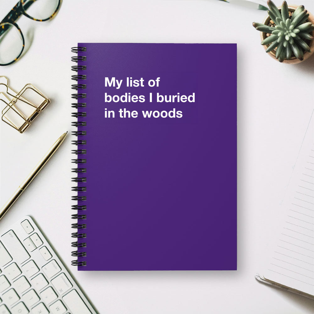 
                  
                    My list of bodies I buried in the woods - Spiral Notebook - Ruled Line
                  
                