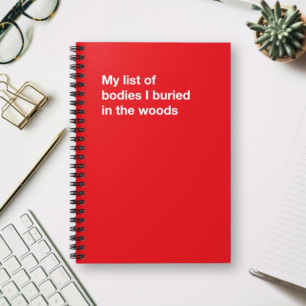 
                  
                    My list of bodies I buried in the woods - Spiral Notebook - Ruled Line
                  
                